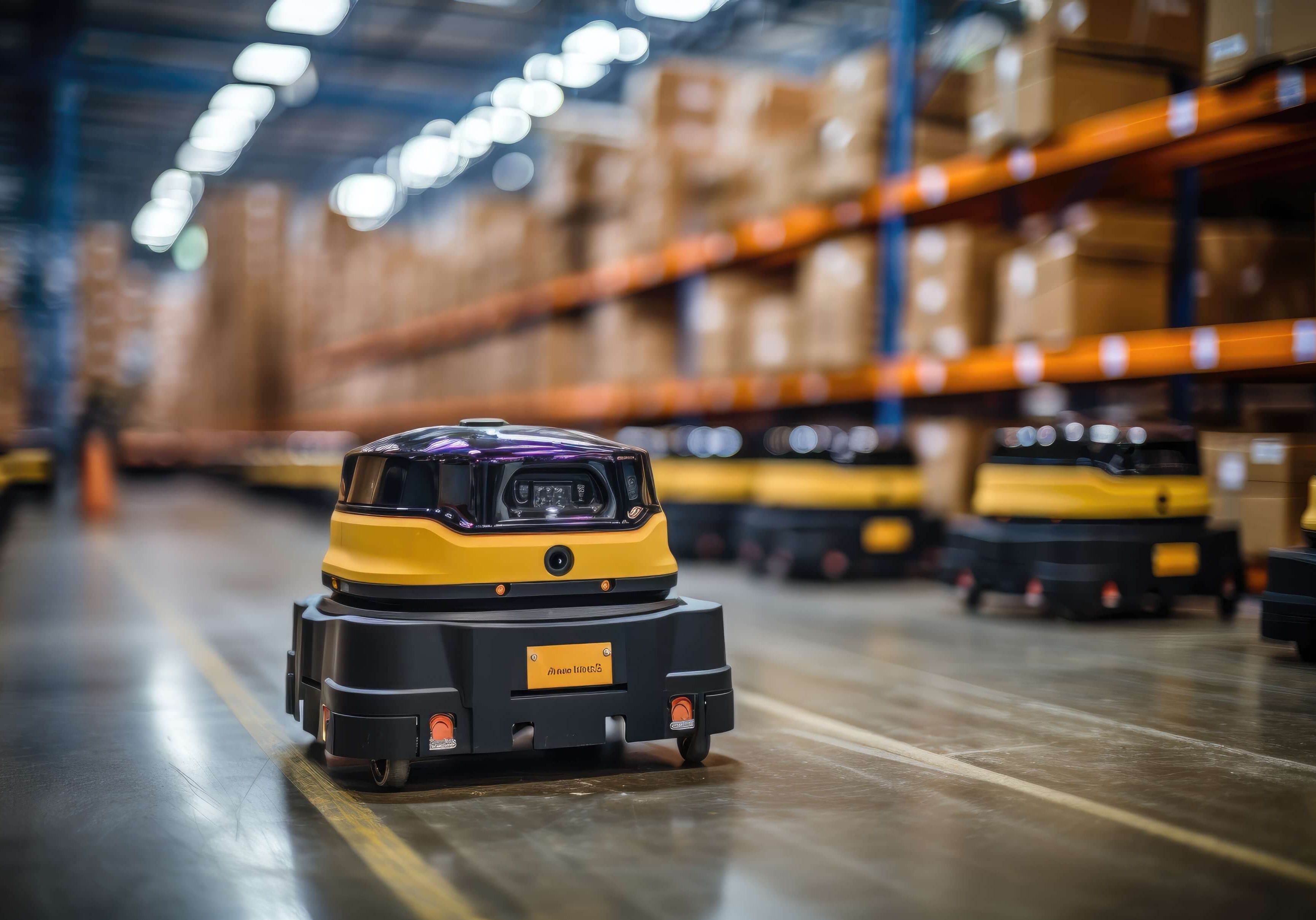 Automated Robot Carriers In Smart Distribution Warehouse. Generative AI
