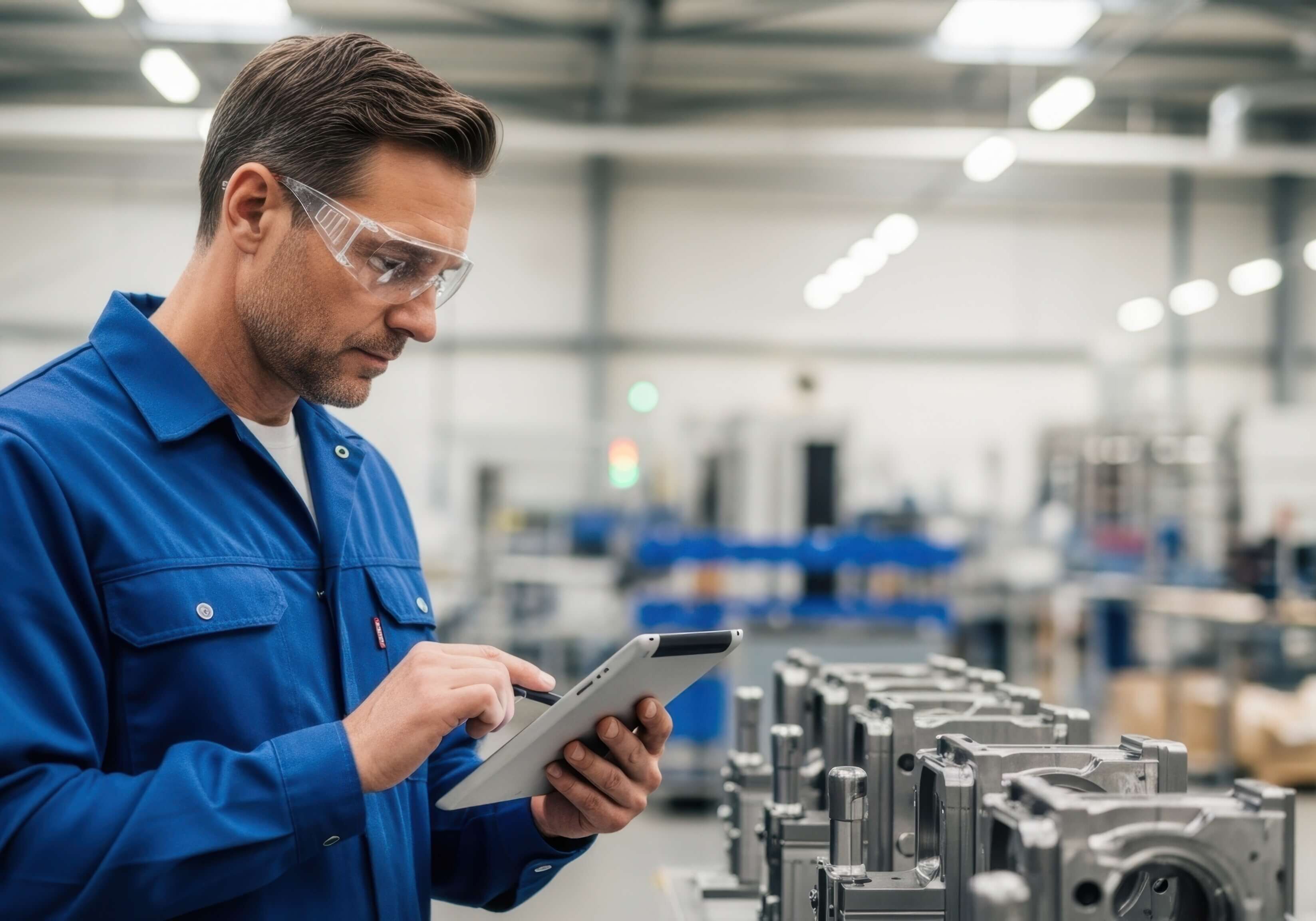 Industrial supervisor wearing safety glasses and utilizing a digital tablet while overseeing the production line in a modern metal processing factory, ensuring efficiency and quality control